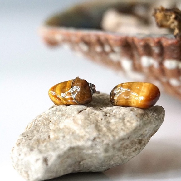 New Handmade Raw Natural Tumbled Tiger Eye 925 Sterling Silver Stud Earrings - Picture 4 of 11